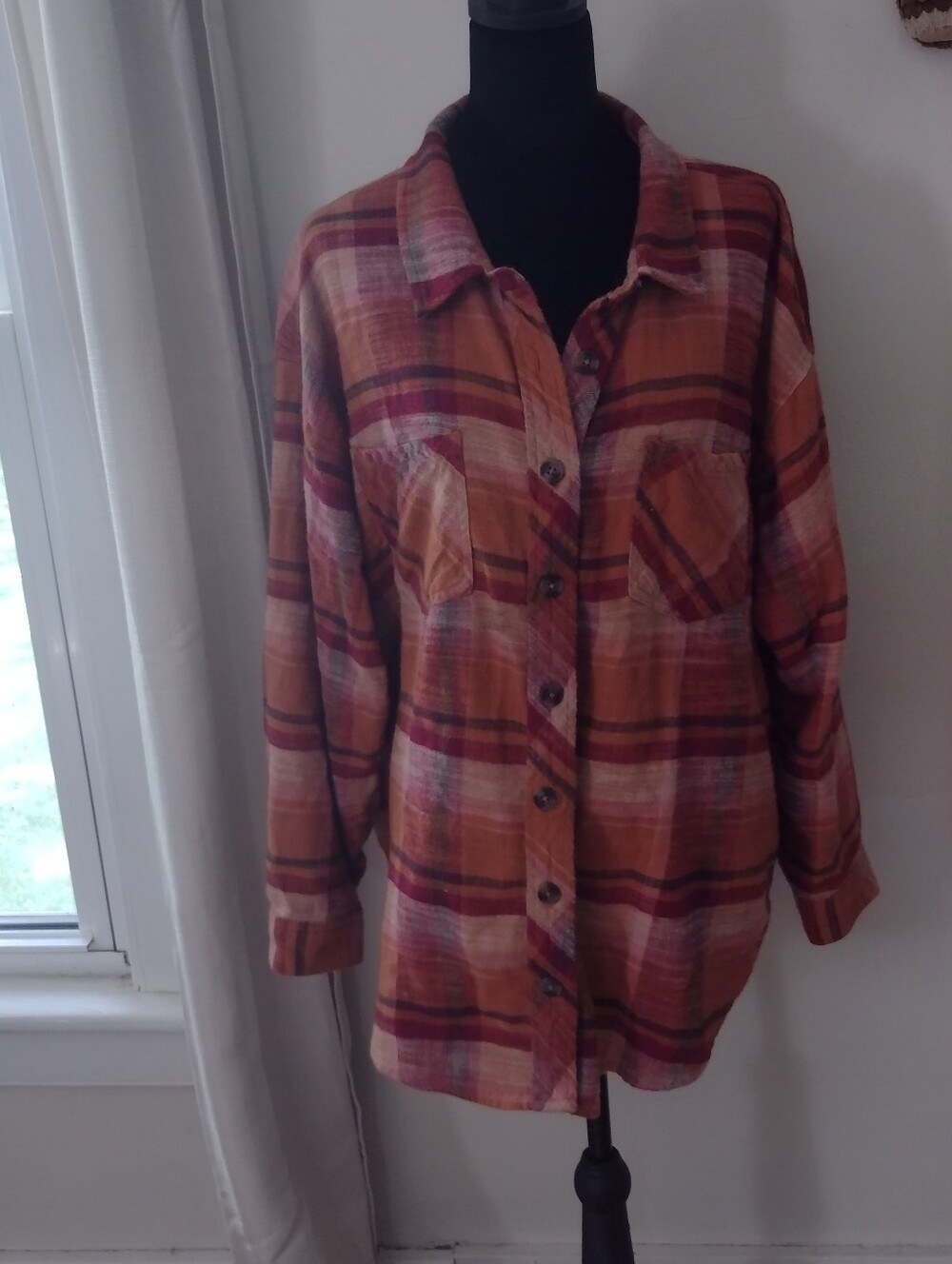 Plaid Button-Up Shirt Jacket in Rust Pink